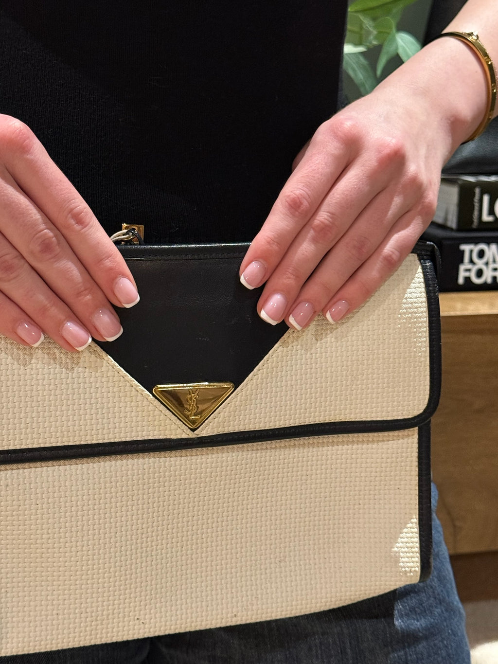 Yves Saint Laurent White & Navy YSL Logo PVC Clutch Bag