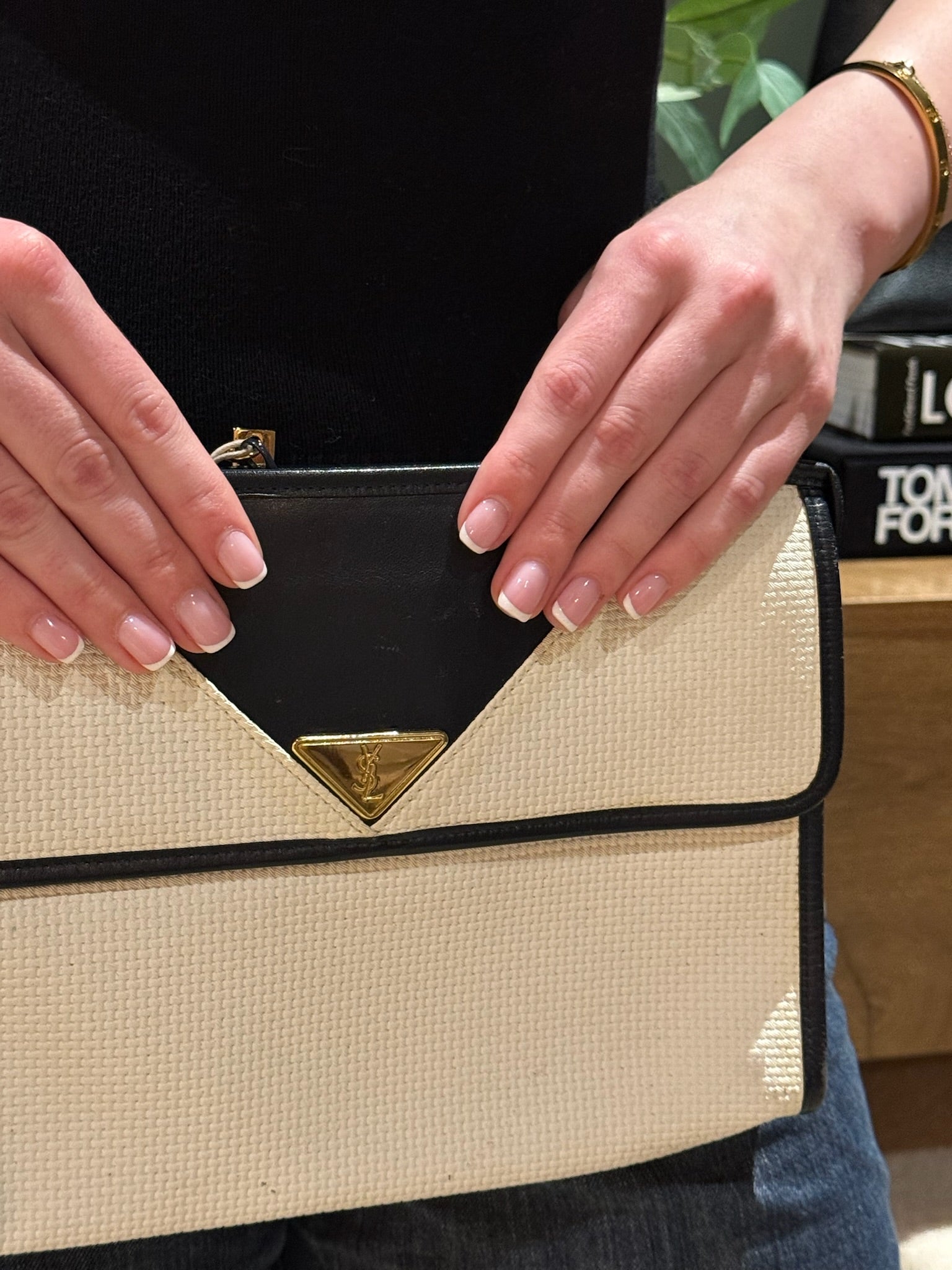 Yves Saint Laurent White & Navy YSL Logo PVC Clutch Bag