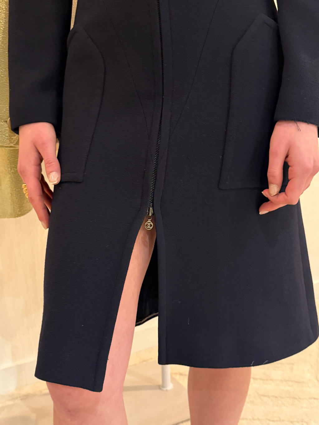 Chanel 1997 Navy Double Zip Coat Dress FR 38 | CC Logo Zippers | Fall 1997 Collection