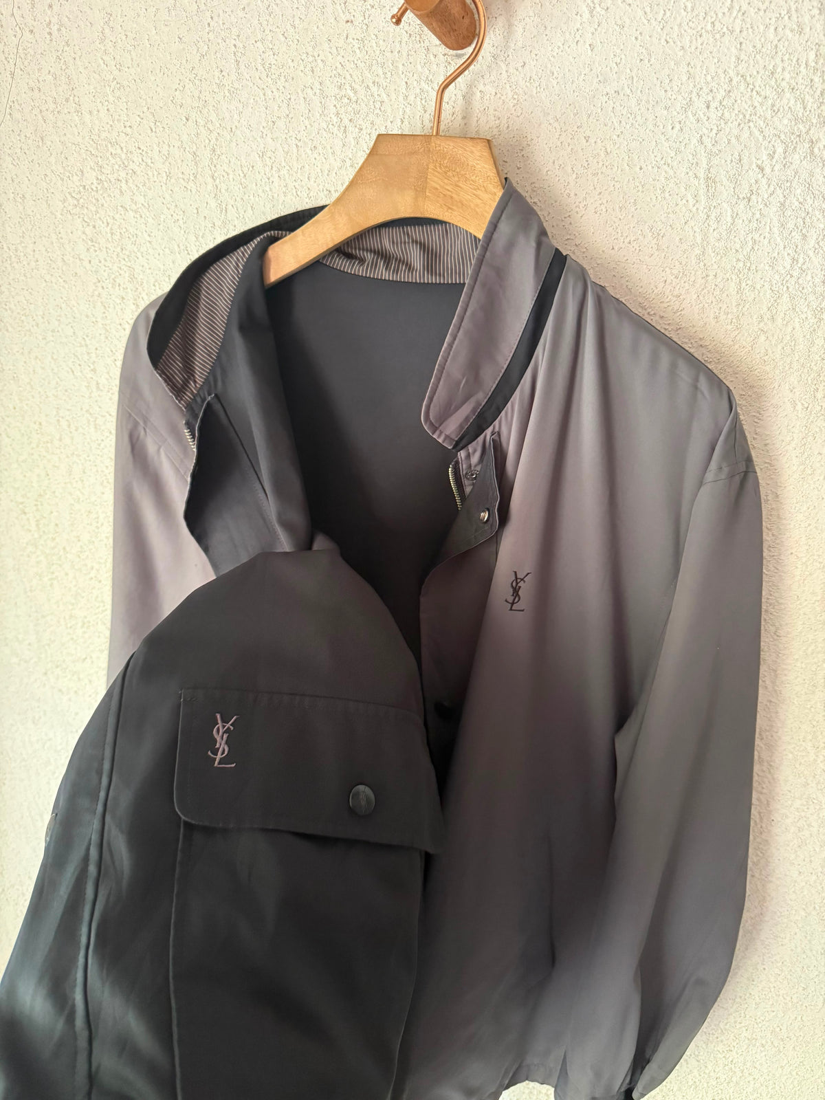 Yves Saint Laurent YSL Vintage Reversible Gray Black Bomber Windbreaker Jacket