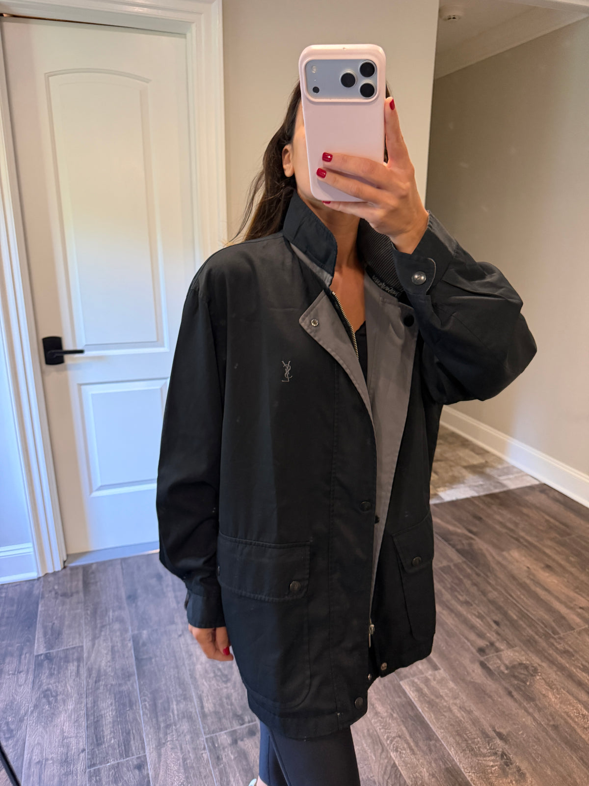 Yves Saint Laurent YSL Vintage Reversible Gray Black Bomber Windbreaker Jacket