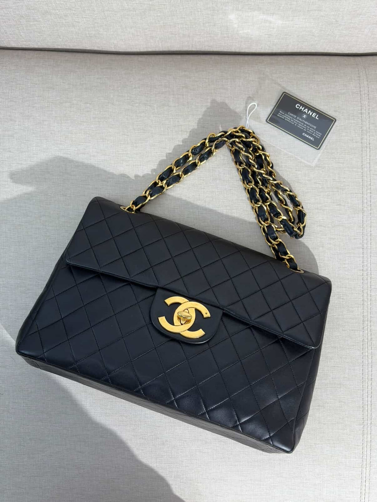 Chanel Maxi Flap Bag Black Quilted Leather 24K Gold Plated CC Vintage 1991-1994