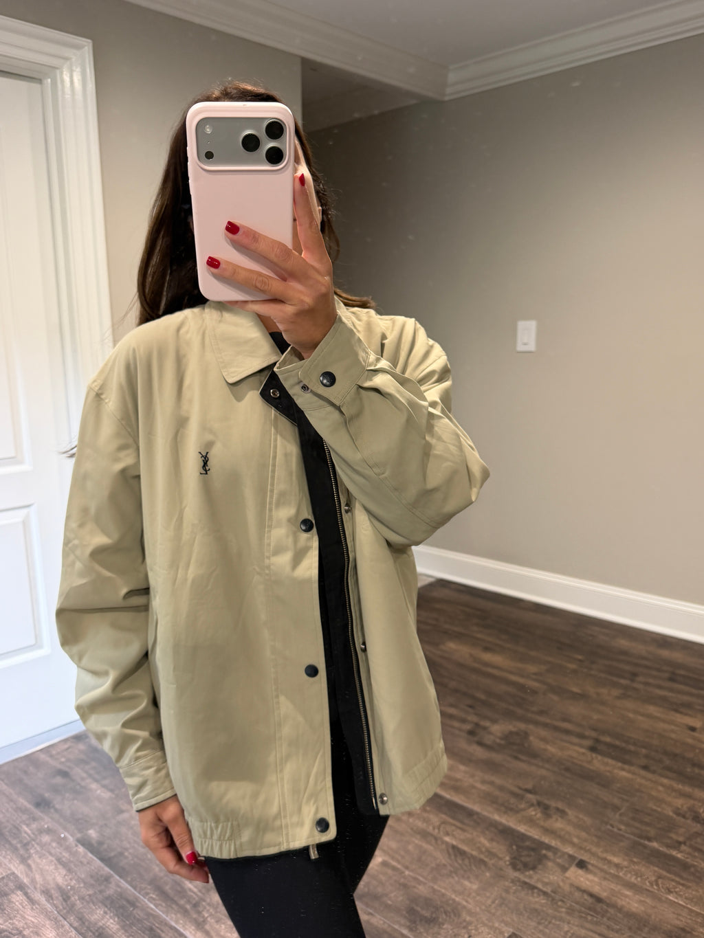 Yves Saint Laurent Vintage YSL Khaki Logo Windbreaker Bomber Jacket Men’s Oversized