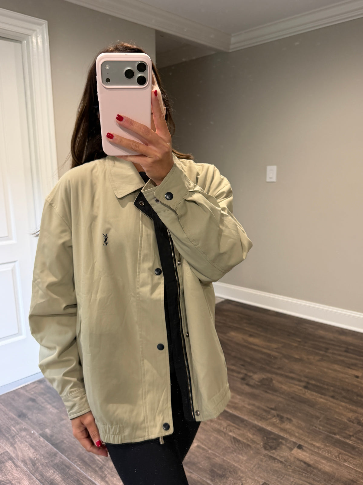 Yves Saint Laurent Vintage YSL Khaki Logo Windbreaker Bomber Jacket Men’s Oversized