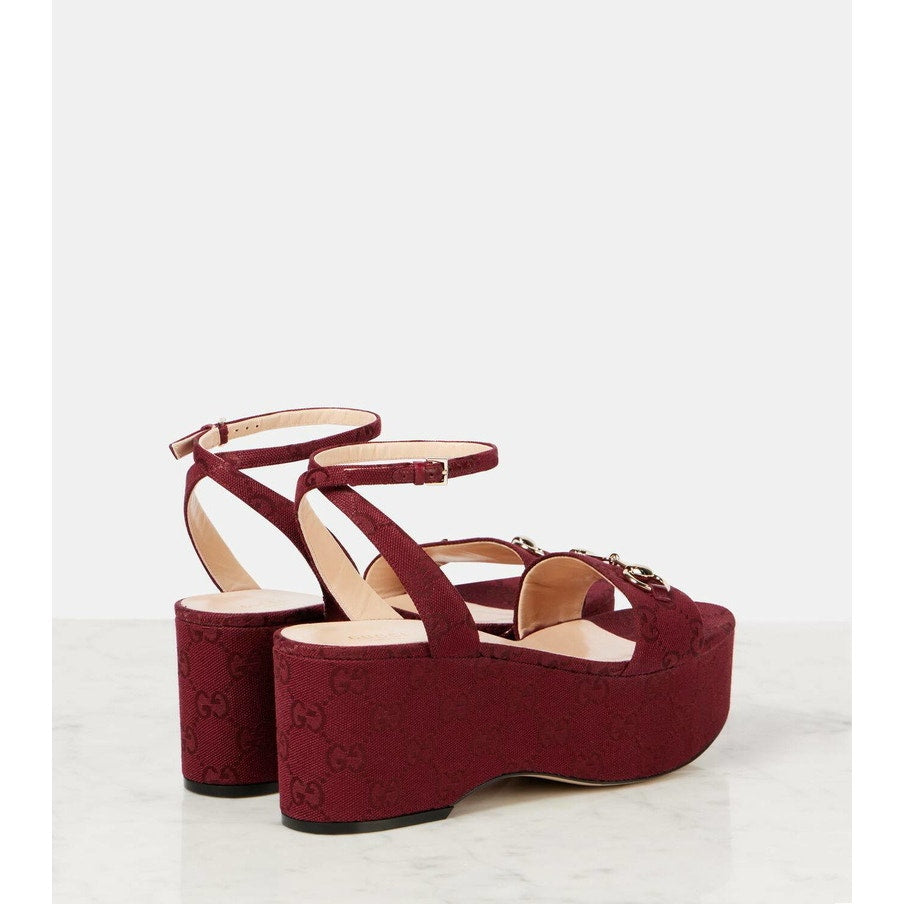 Gucci Lady Horsebit Burgundy GG Canvas Platform Wedge Sandals Size 39