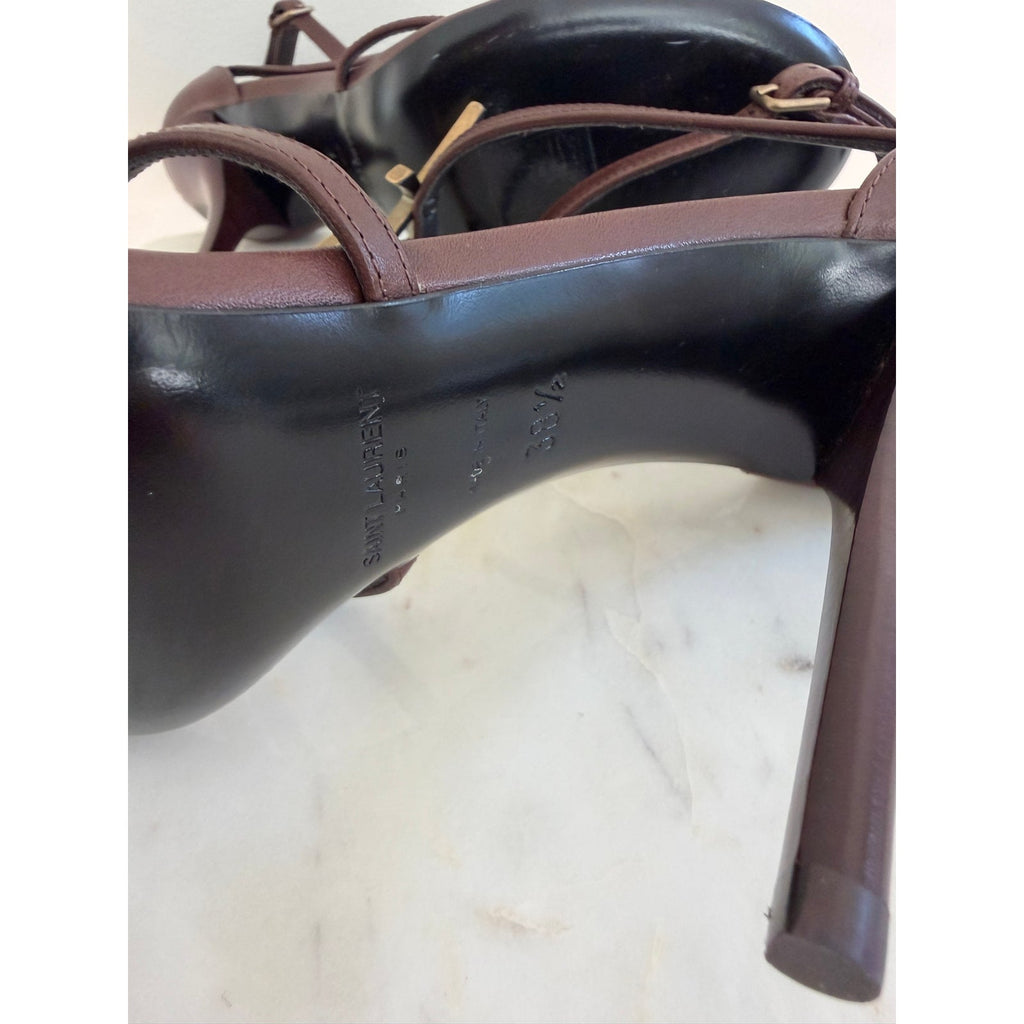 Saint Laurent Cassandra YSL Brown Leather Strappy Heeled Sandals Size 38.5 BNIB