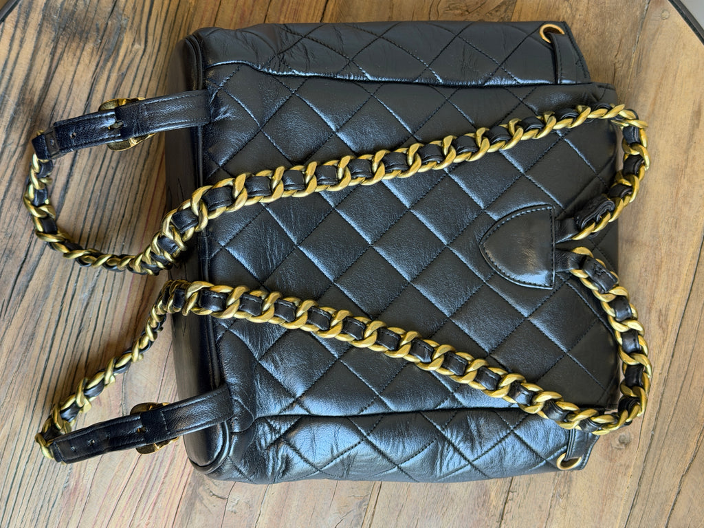 CHANEL Vintage Black Lambskin Quilted Drawstring Backpack 24K Gold Plated Hardware