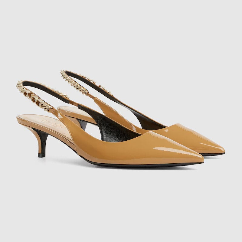 Gucci Signoria Patent Leather Slingback Pumps Beige Size 37 NIB