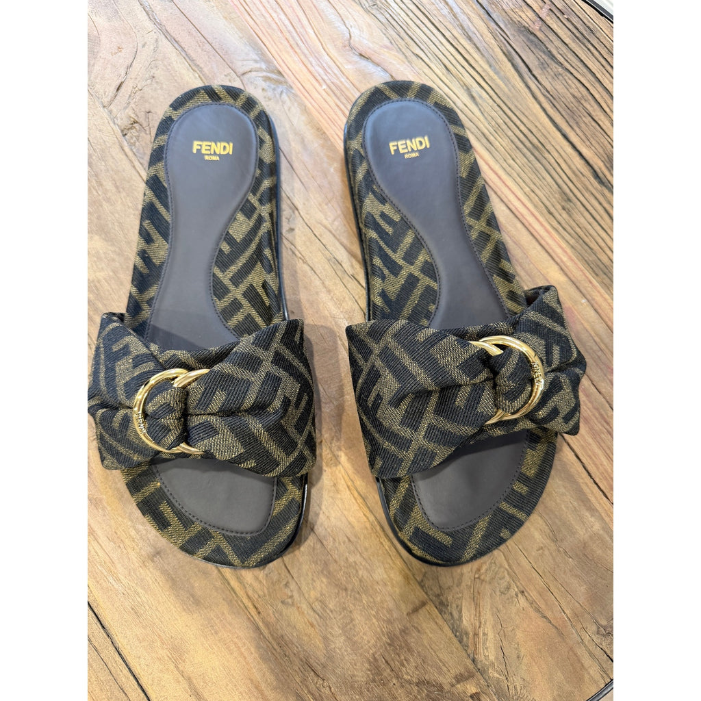 Fendi Feel Knotted Slide Sandals Brown FF Logo Satin Slides Size 37 Brand New in Box