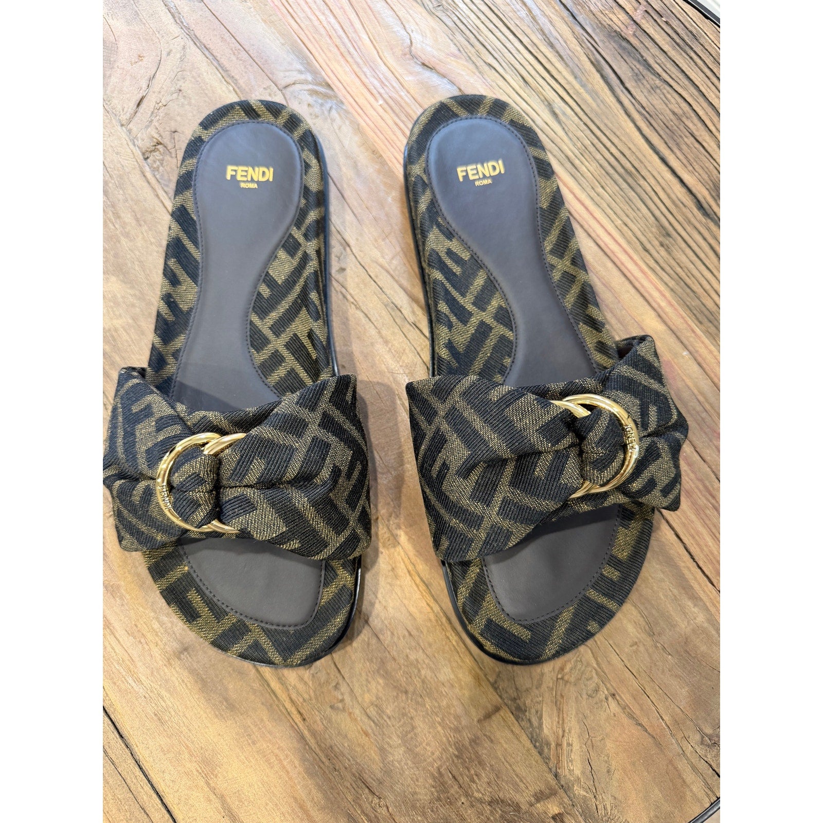 Fendi Feel Knotted Slide Sandals Brown FF Logo Satin Slides Size 37 Brand New in Box