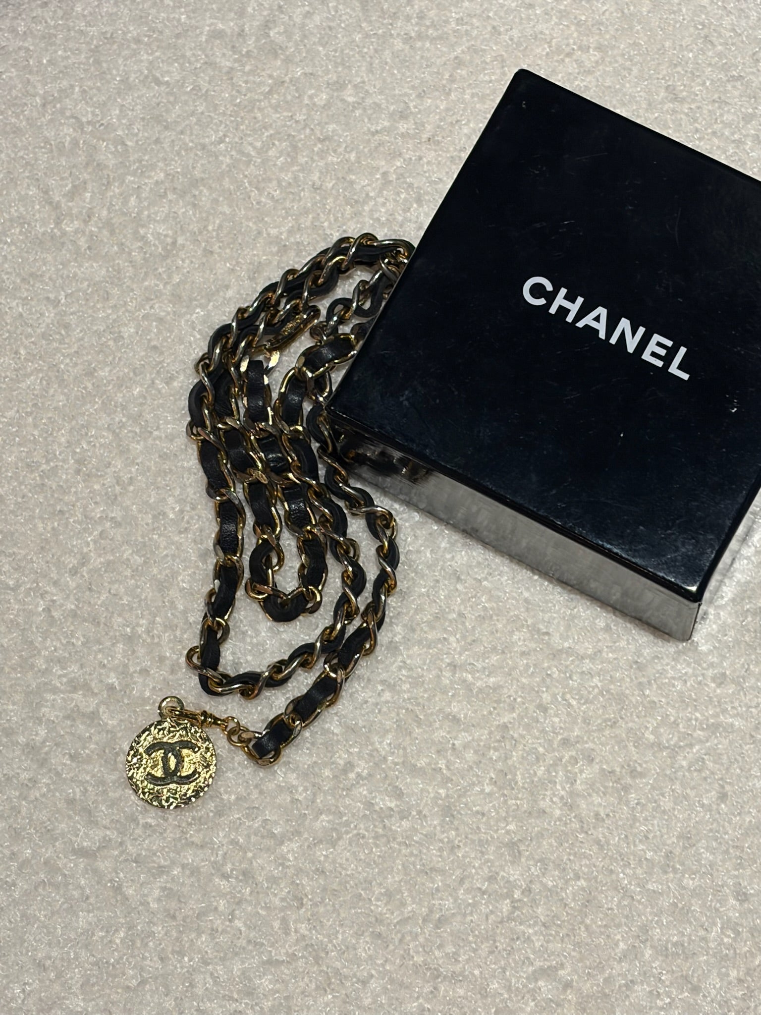 Chanel Leather Woven Chain Strap Necklace Belt Gold Tone Black Leather Medallion Charm