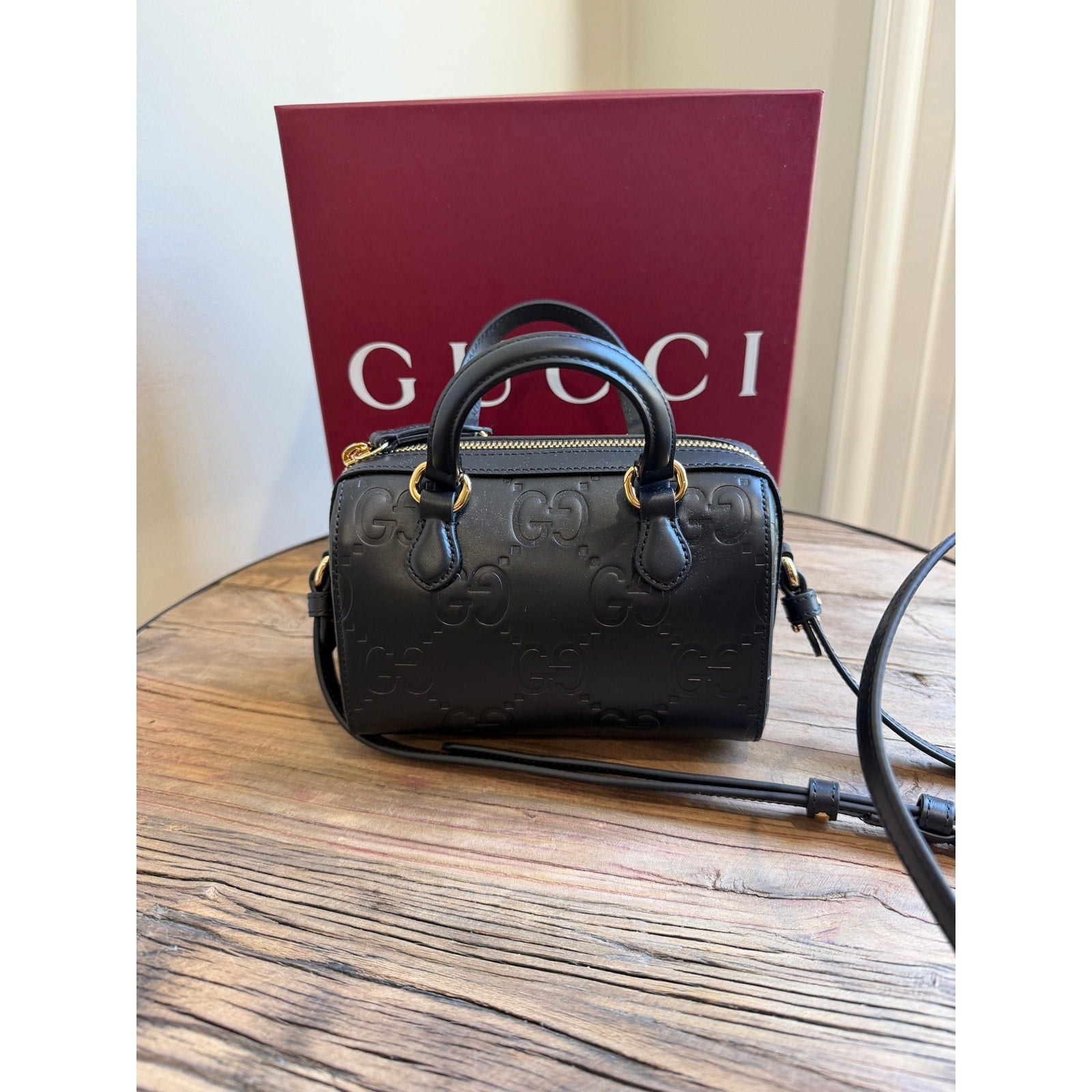 Gucci GG Super Black Mini Tote Bag Black Debossed GG Leather Crossbody NWT