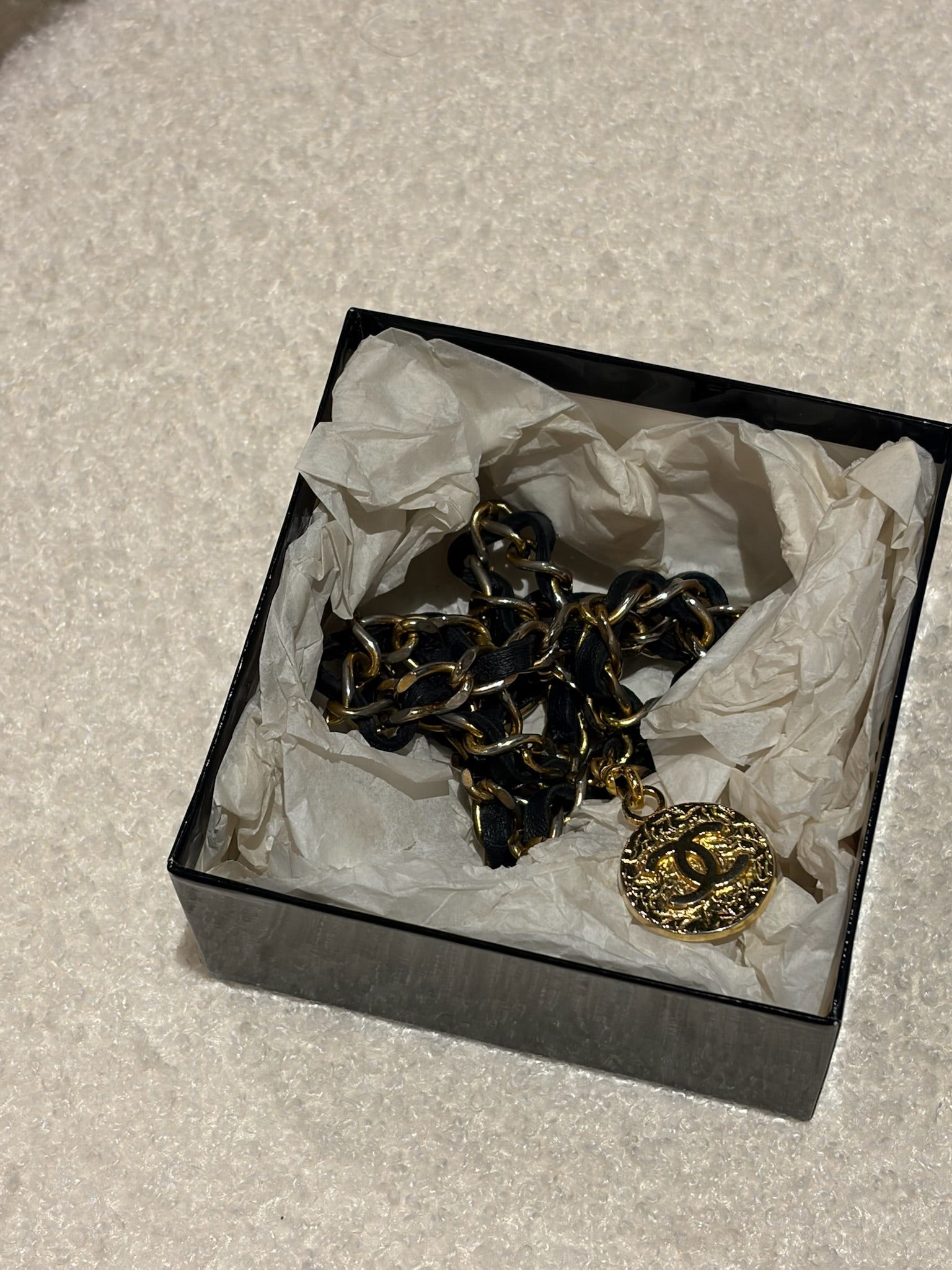 Chanel Leather Woven Chain Strap Necklace Belt Gold Tone Black Leather Medallion Charm