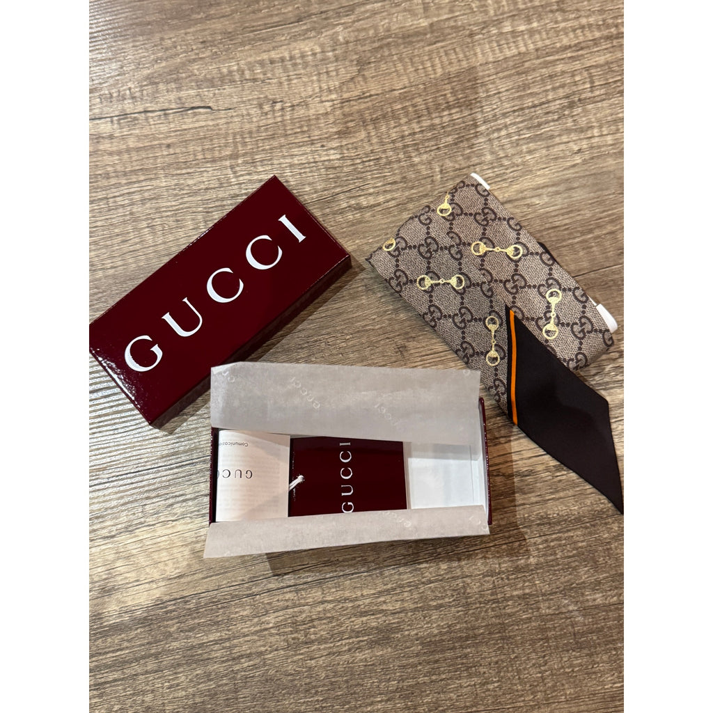 Gucci GG Printed Silk Neck Bow Scarf Beige Brown — Brand New in Box