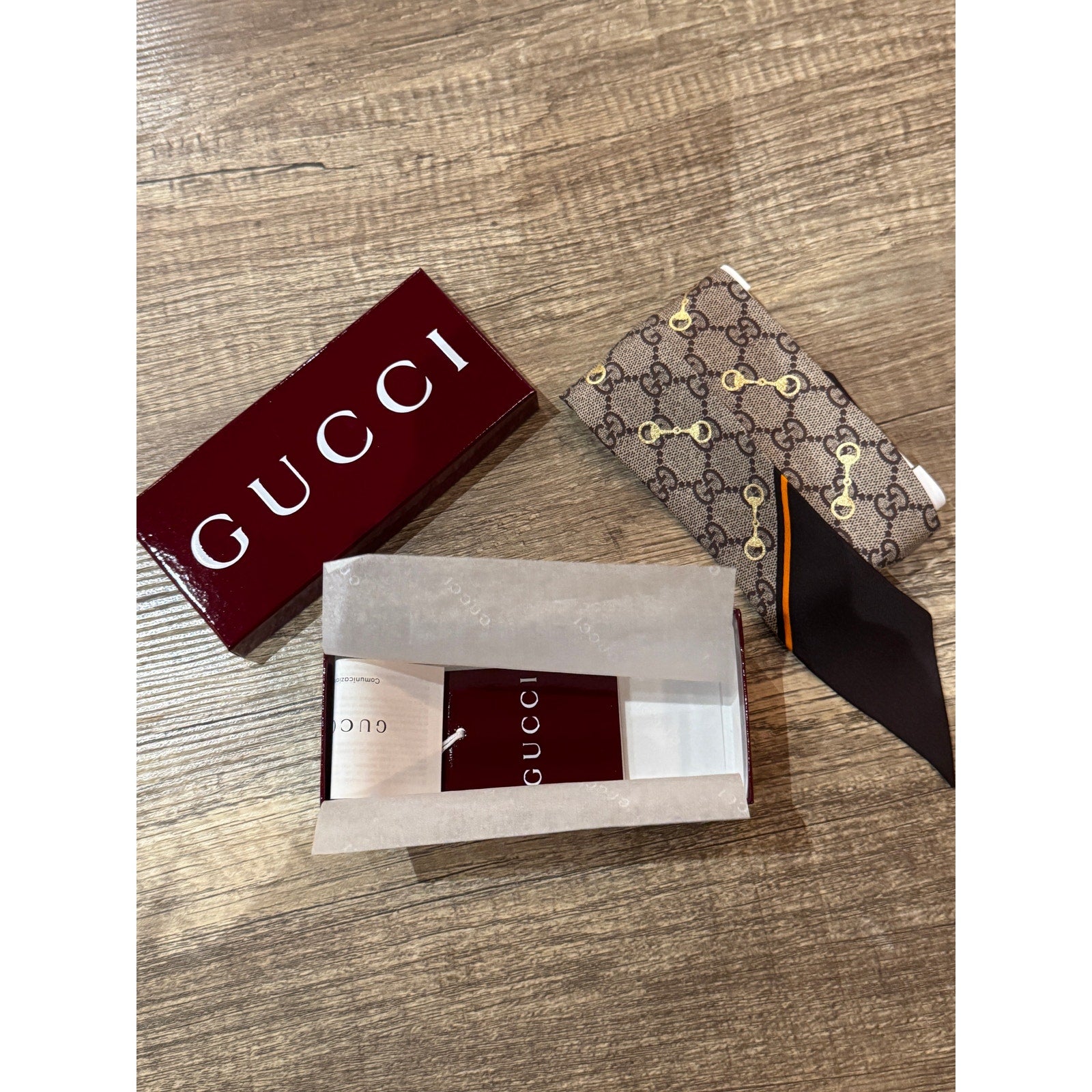 Gucci GG Printed Silk Neck Bow Scarf Beige Brown — Brand New in Box