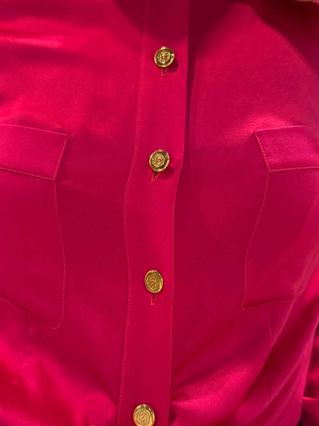 Chanel 1991 Pink Silk Button-Up Blouse Gold CC Logo Buttons FR36