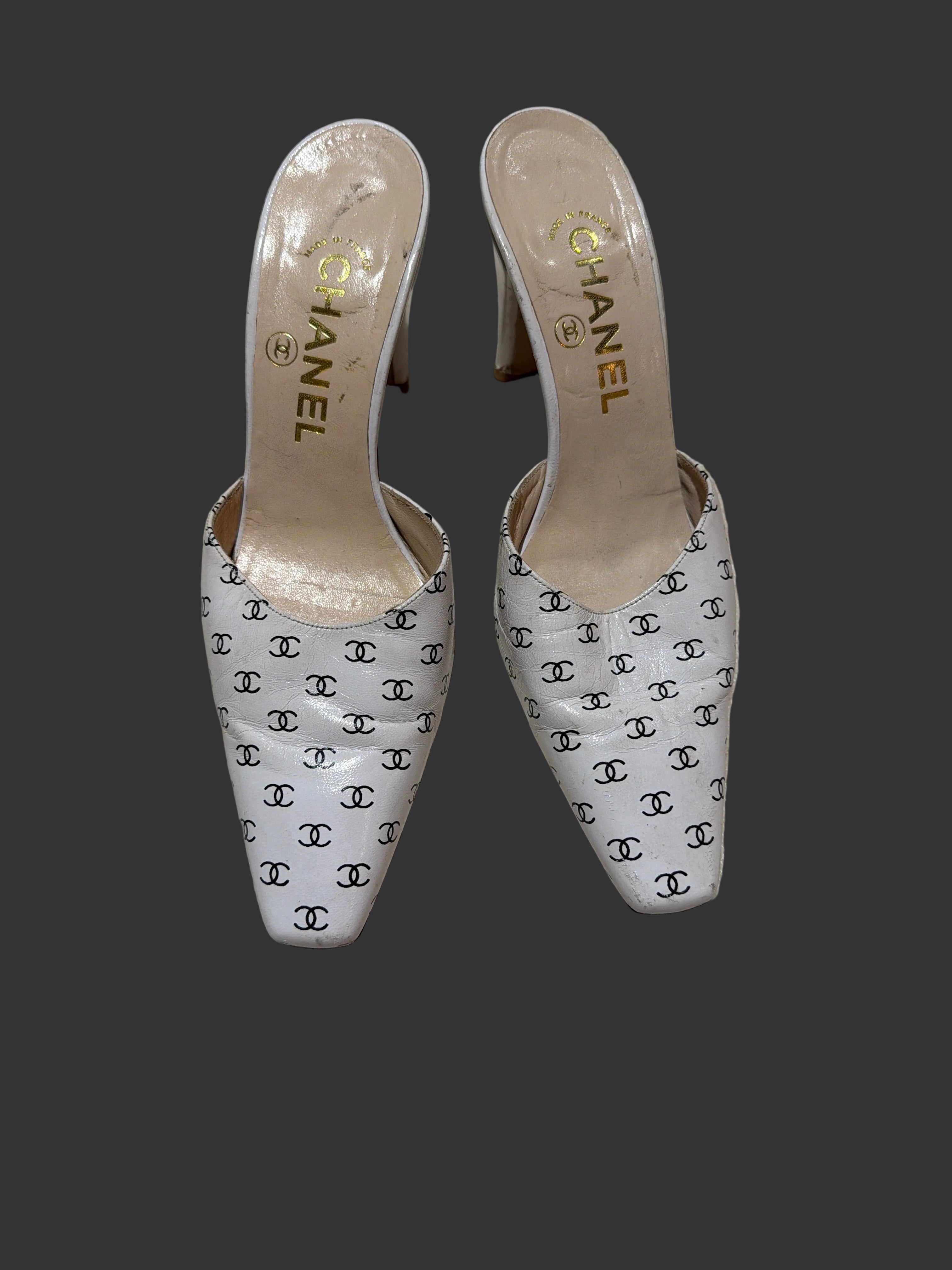 Chanel White CC Mules