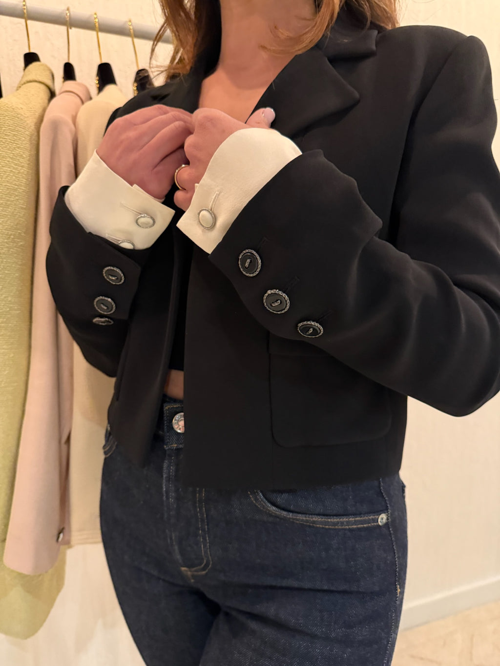Chanel 2015 Silk Black Runway Blazer with Removable White Sleeves | FR40