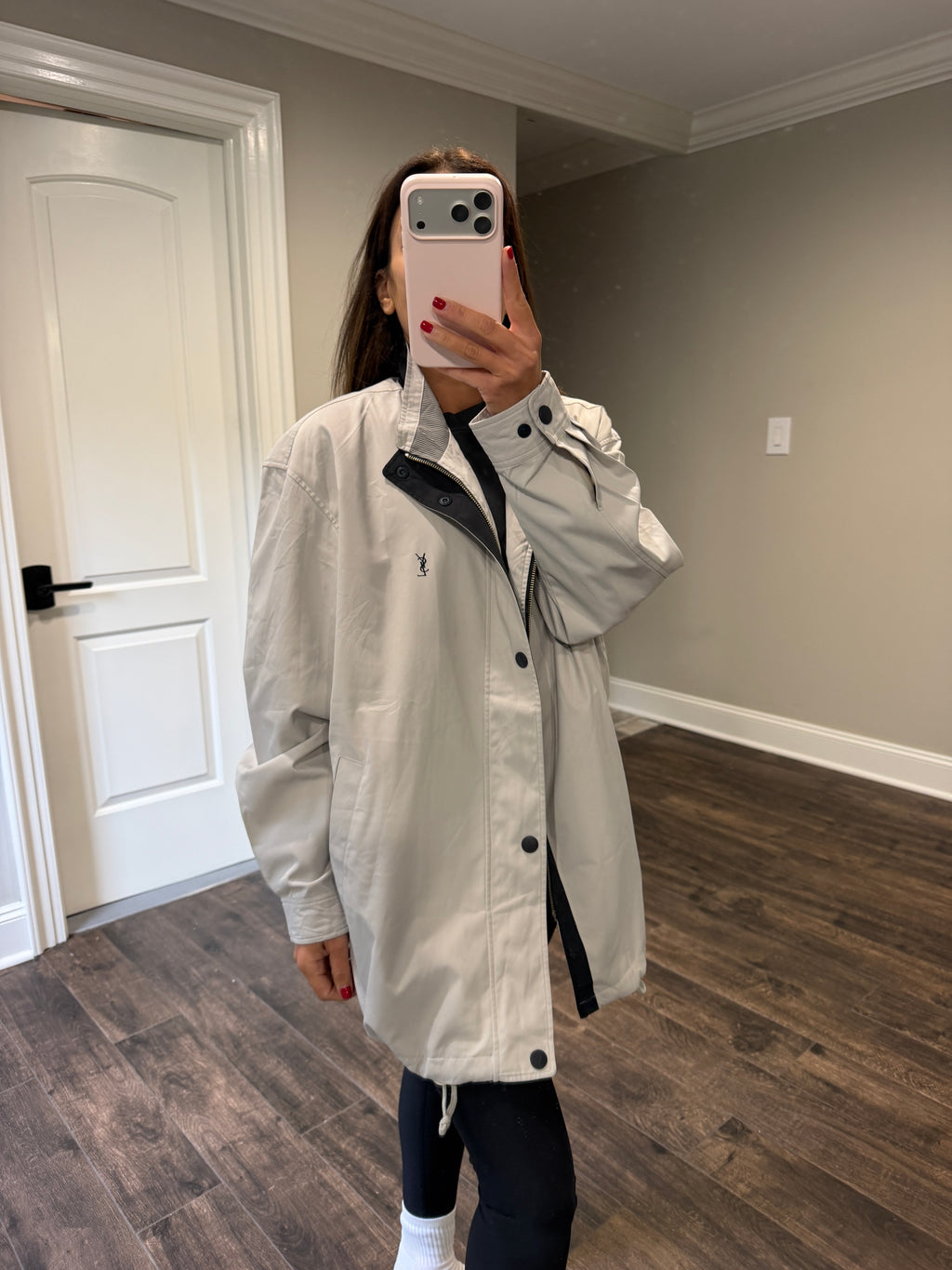 Yves Saint Laurent Vintage YSL Light Grey Windbreaker Bomber Jacket Cinch Hem