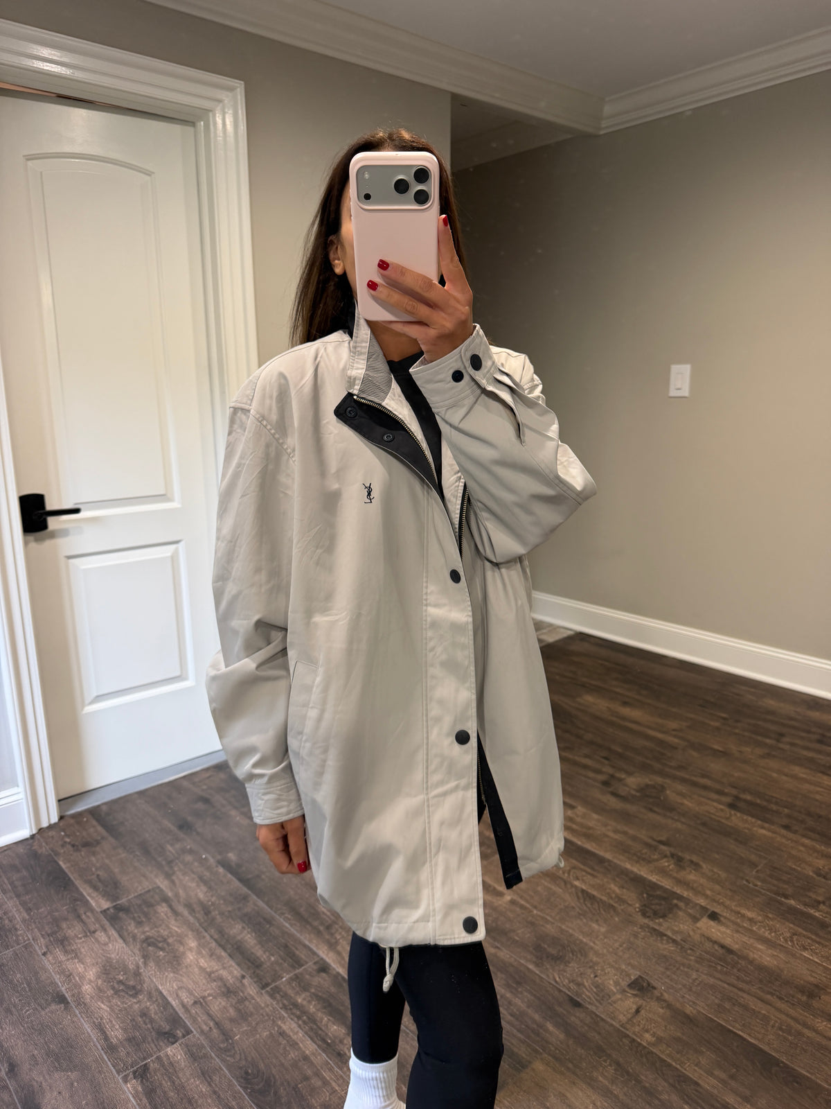 Yves Saint Laurent Vintage YSL Light Grey Windbreaker Bomber Jacket Cinch Hem