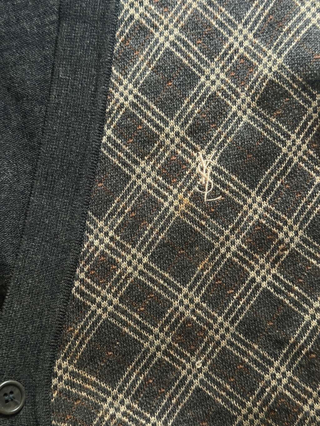 Yves Saint Laurent YSL Argyle Knit Cardigan Sweater Size 95 Black Brown Wool Blend