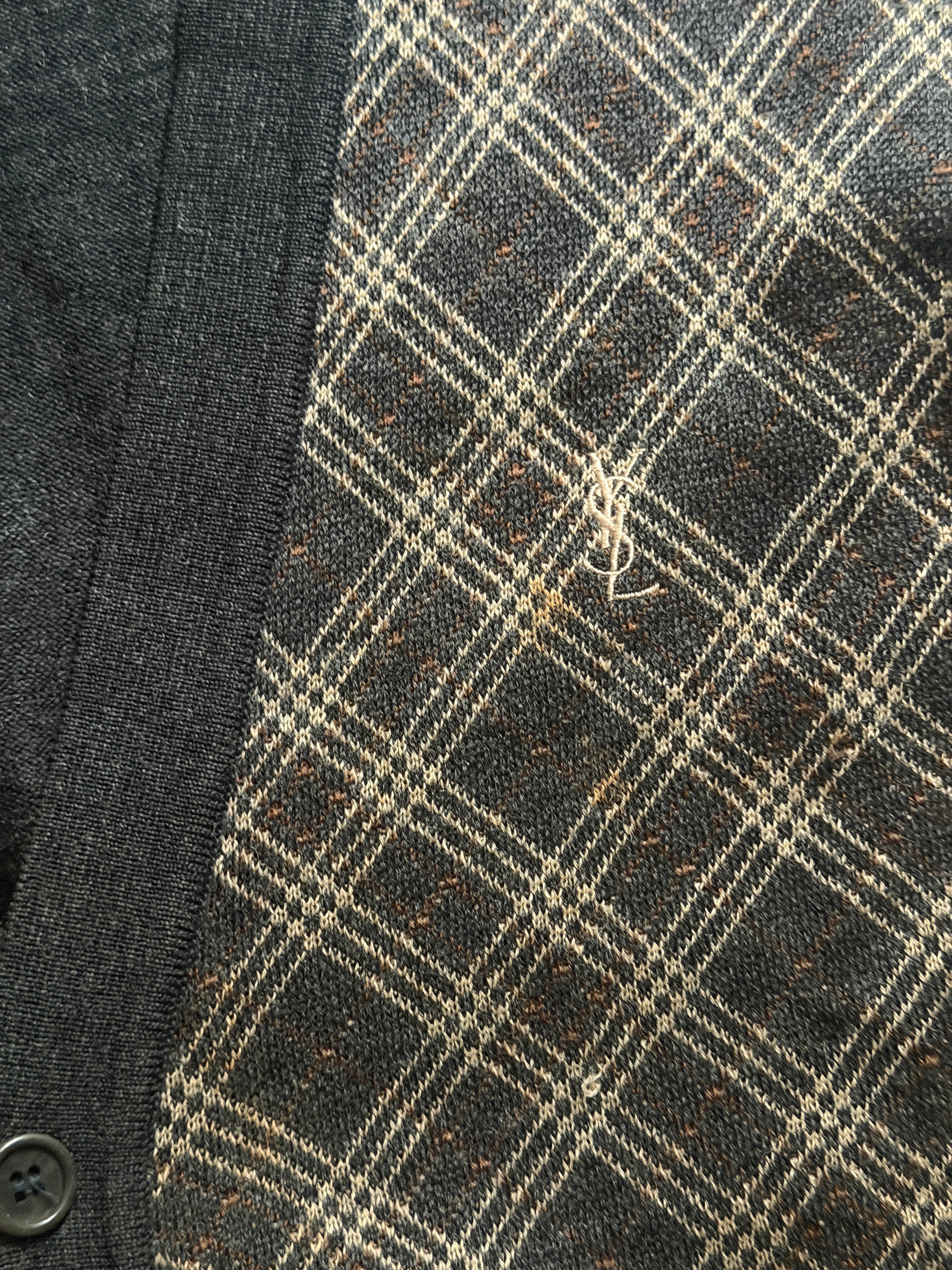 Yves Saint Laurent YSL Argyle Knit Cardigan Sweater Size 95 Black Brown Wool Blend