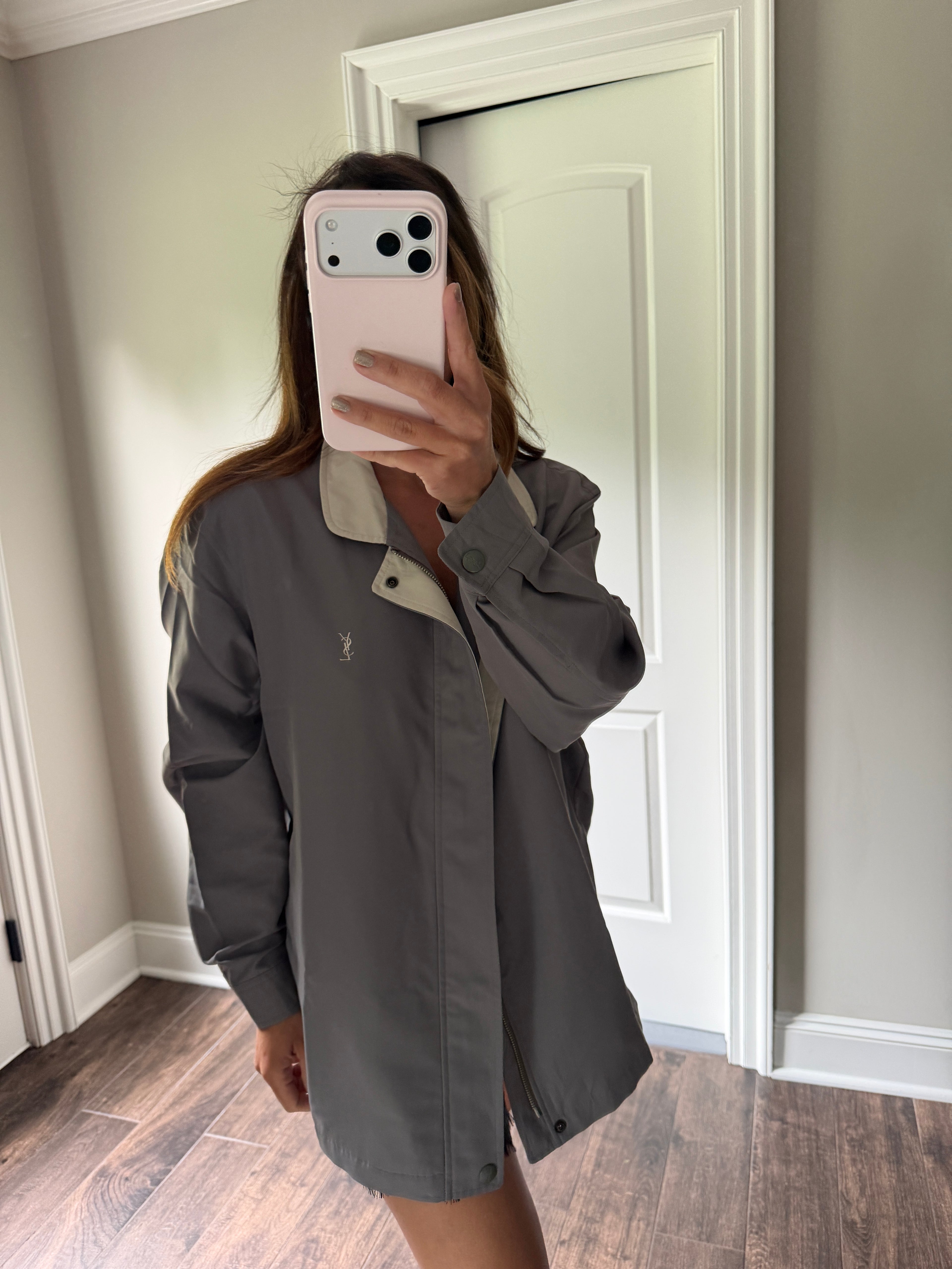 Yves Saint Laurent Vintage 90s Dark Khaki Green YSL Logo Windbreaker Jacket Ivory Collar Size 95 Oversized