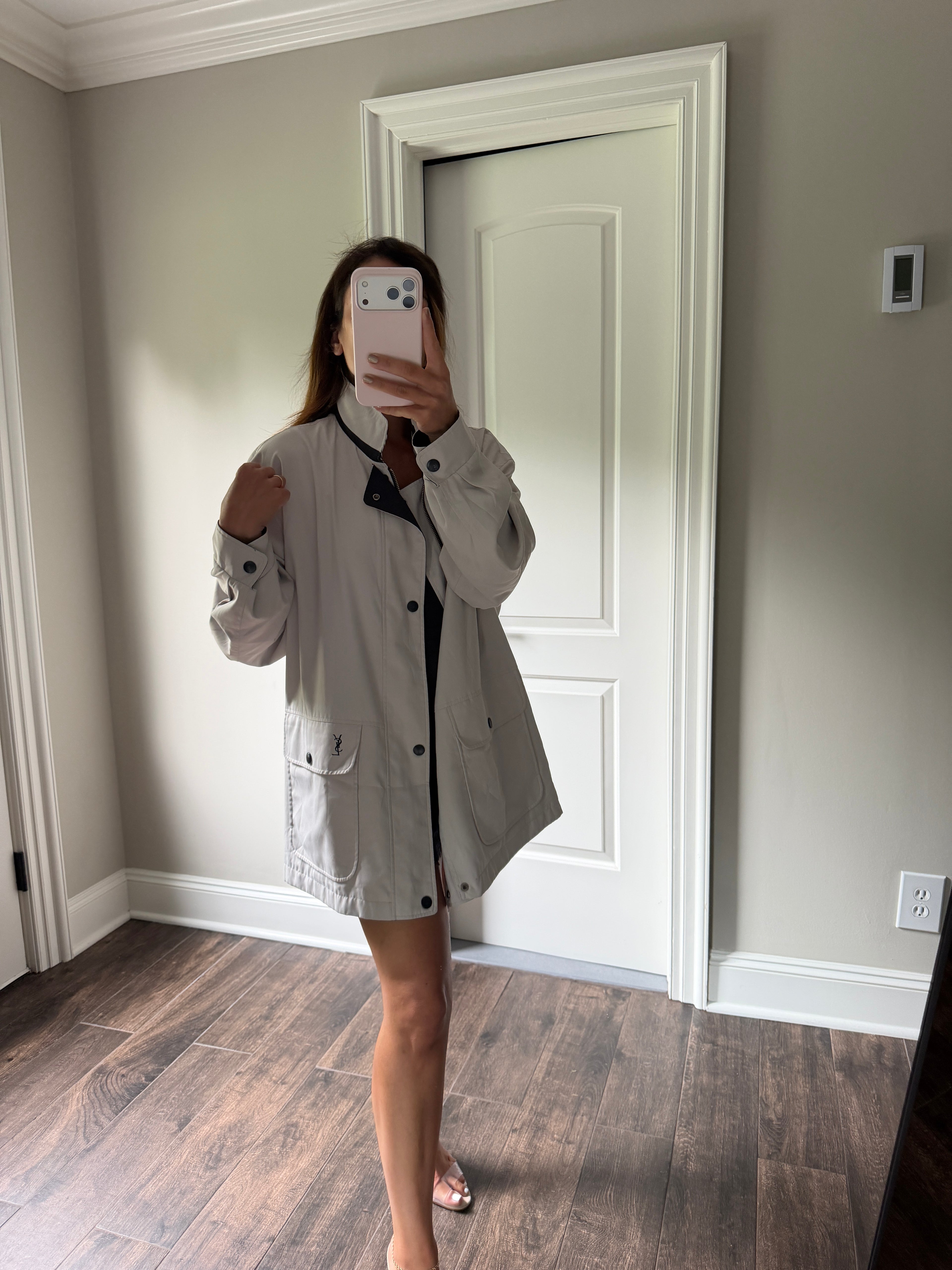 Yves Saint Laurent Vintage 90s Reversible YSL Logo Windbreaker Jacket Navy & Light Gray Hidden Hood Size 100 Oversized