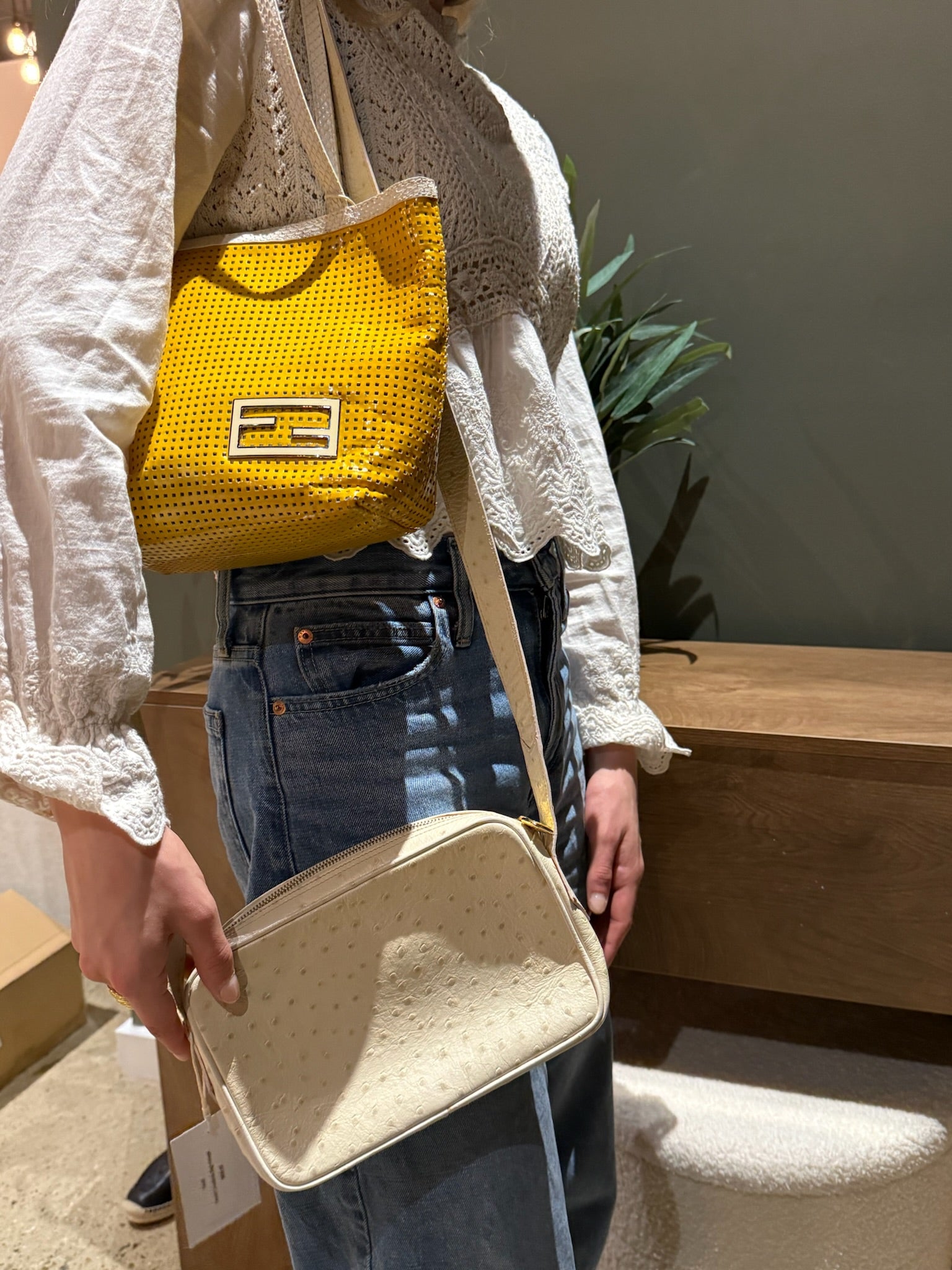 Fendi Yellow Perforated Metallic Leather Mini Tote Bag White Trim FF Logo