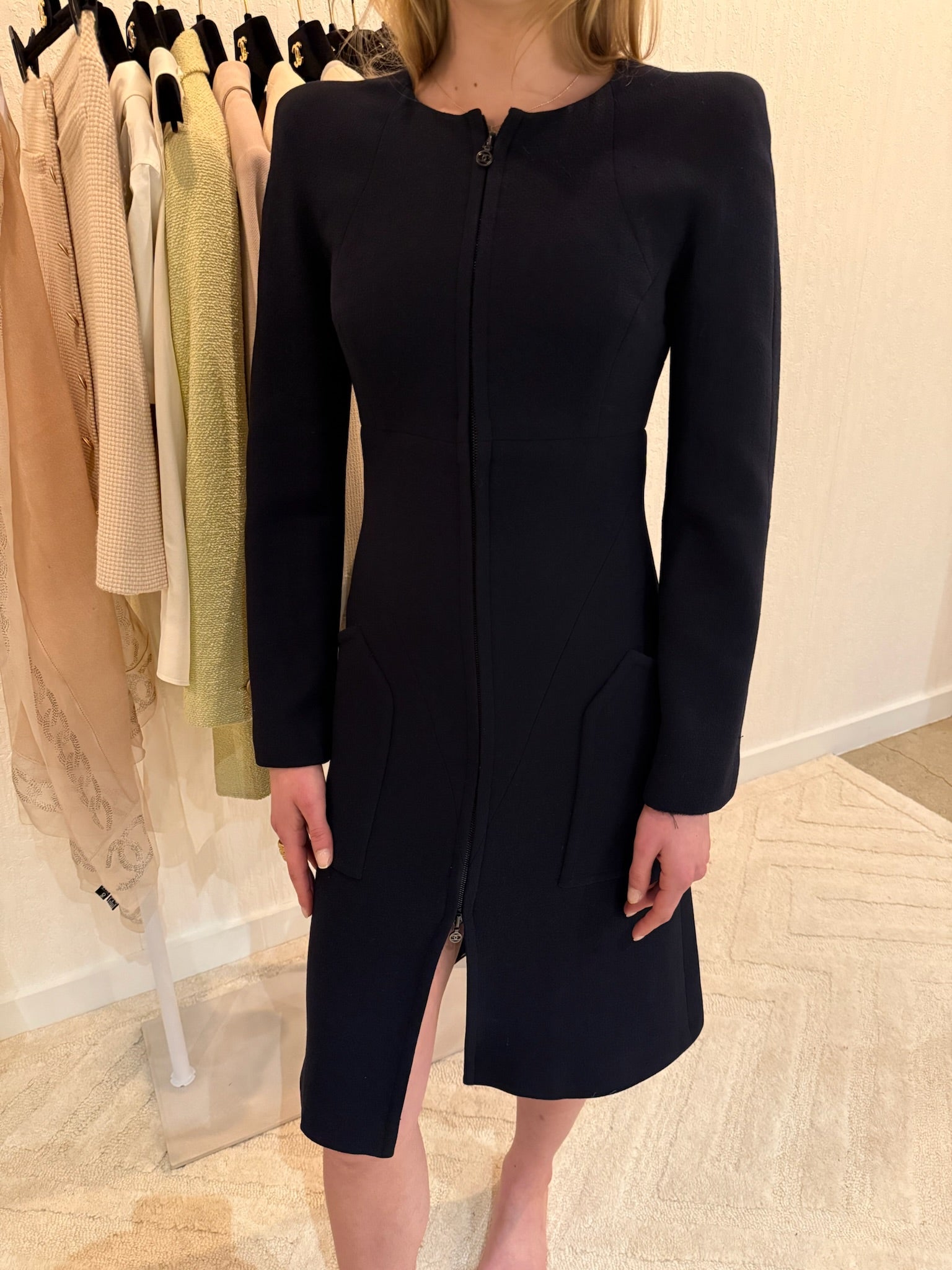 Chanel 1997 Navy Double Zip Coat Dress FR 38 | CC Logo Zippers | Fall 1997 Collection