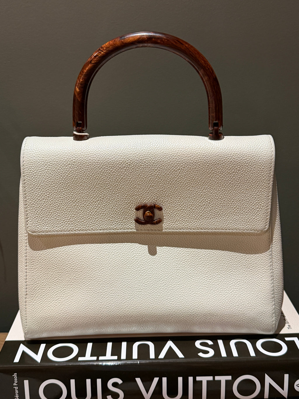 Chanel Kelly Top Handle Bag Off White Caviar Leather Wooden CC Turn Lock & Wood Handle 2000 2002 Vintage