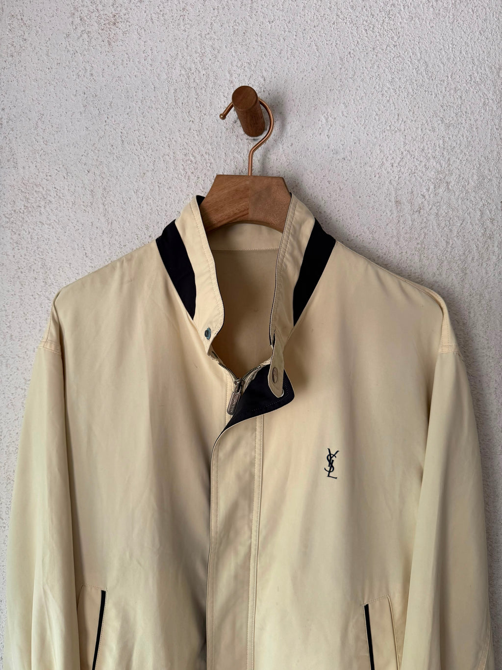 Yves Saint Laurent Vintage Butter Yellow Navy YSL Logo Bomber Windbreaker Jacket size 95