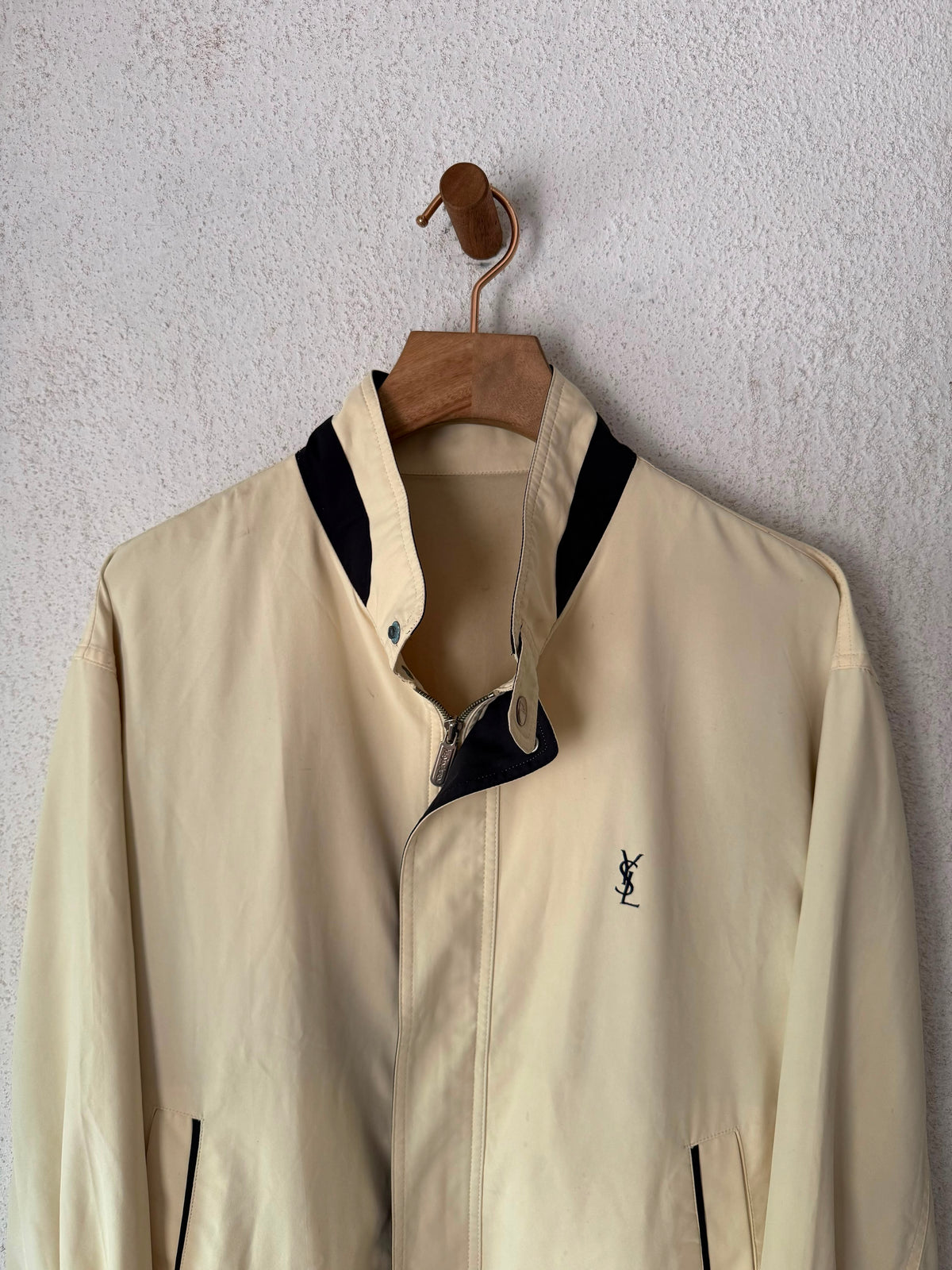 Yves Saint Laurent Vintage Butter Yellow Navy YSL Logo Bomber Windbreaker Jacket size 95