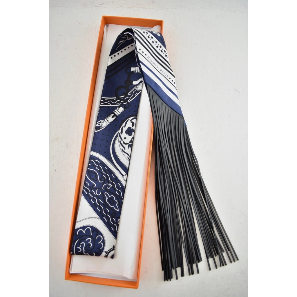 Hermès Festival des Amazones Fringed Silk Twilly Scarf Navy Black Leather Fringe NWT