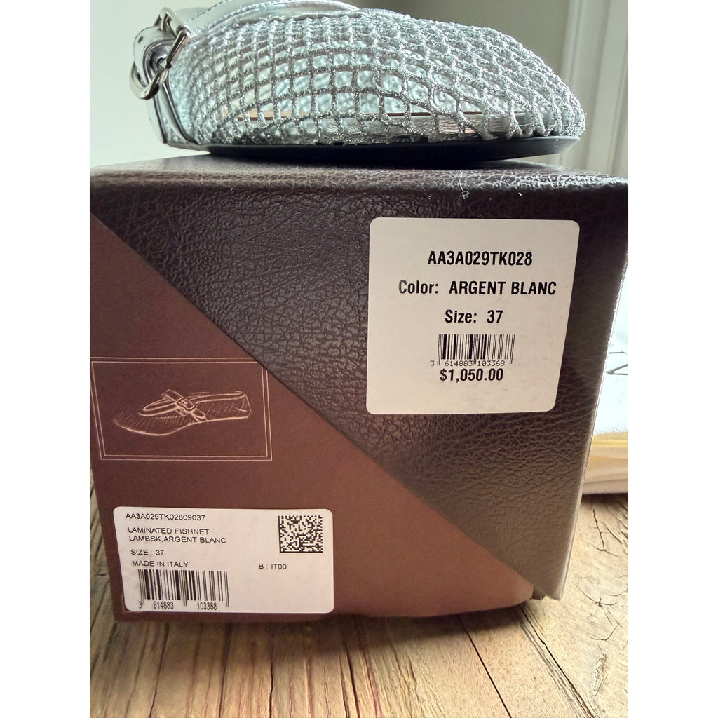 Alaia Metallic Fishnet Mary Jane Flats Silver Argent Size 37 Brand New in Box