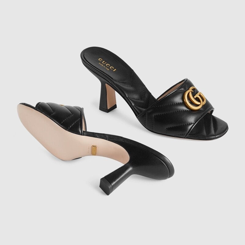 Gucci Double G Leather Sandals Black Gold GG Logo Heel Slides Size 35.5 BNIB