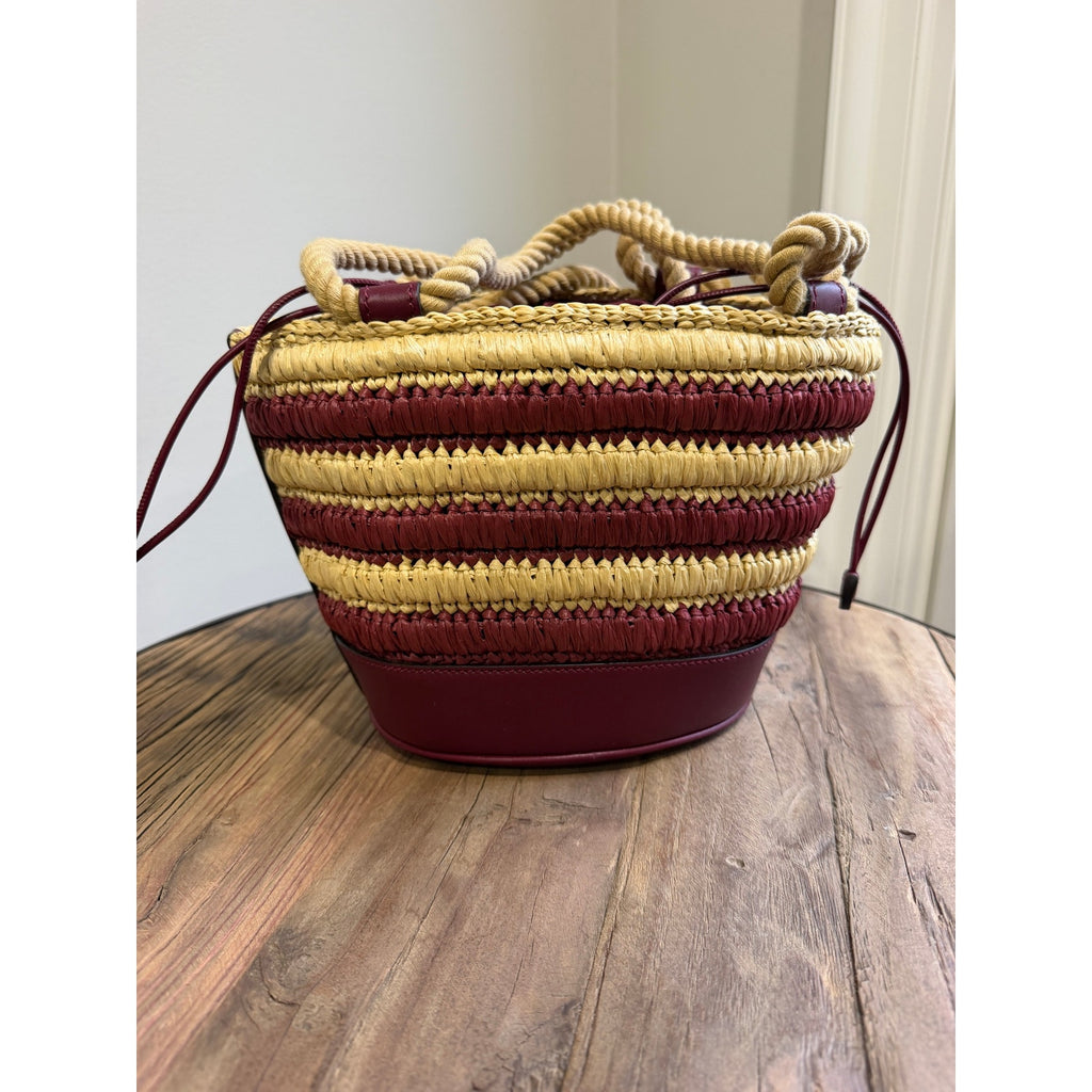 Gucci Mini GG Logo Woven Straw Bucket Bag Beige Brown Leather NWT