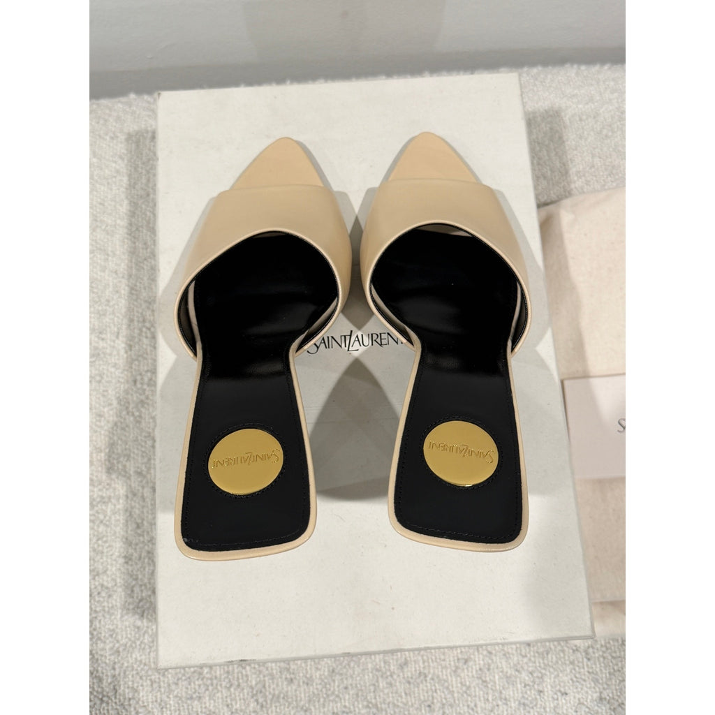 Saint Laurent Romy 90 Leather Mules Tan Leather Pointed Toe Heels Size 37.5 NIB
