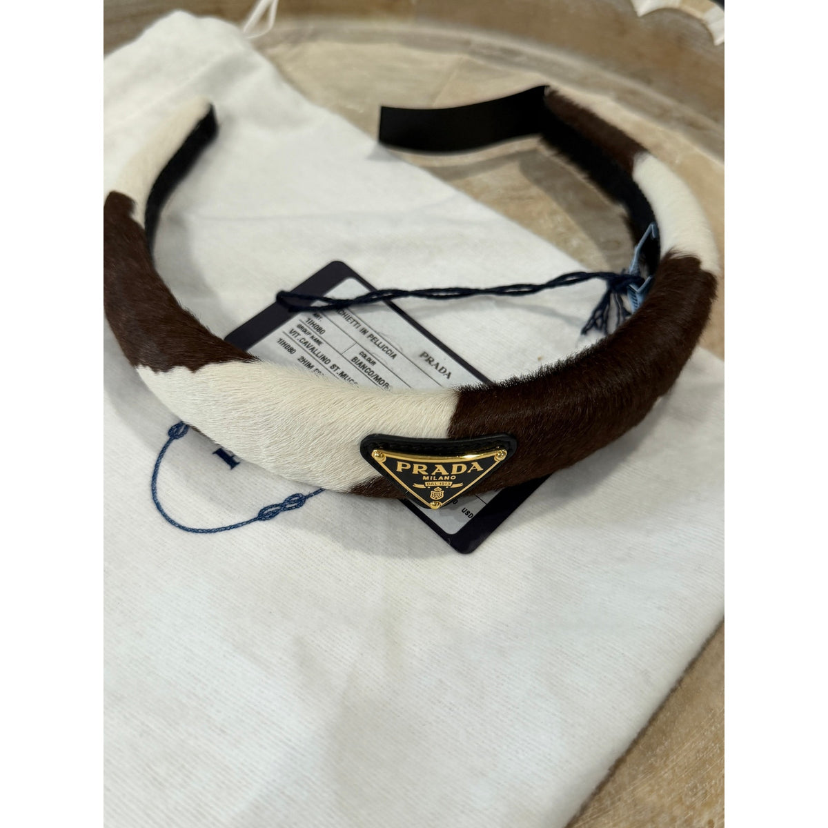 Prada Cow Print Pony Hair Headband Enamel Triangle Logo NEW