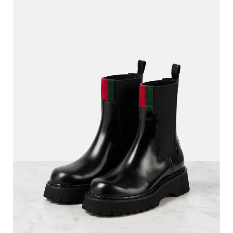 Gucci Web Stripe Leather Chelsea Boots Black Size 38.5 Brand New in Box