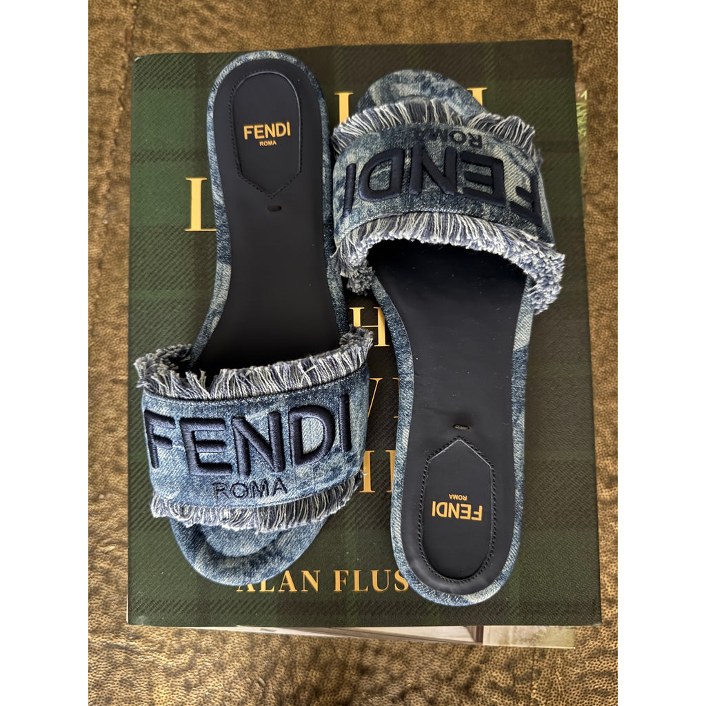 FENDI Sunshine Floral Denim Frayed Slide Sandals BNIB Size 37