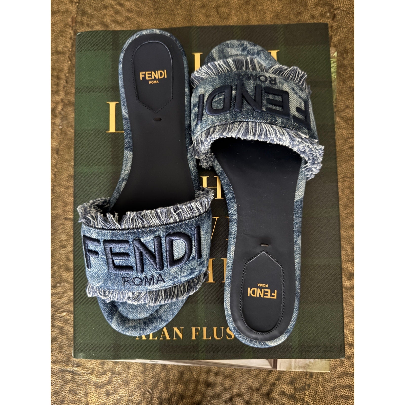FENDI Sunshine Floral Denim Frayed Slide Sandals BNIB Size 37