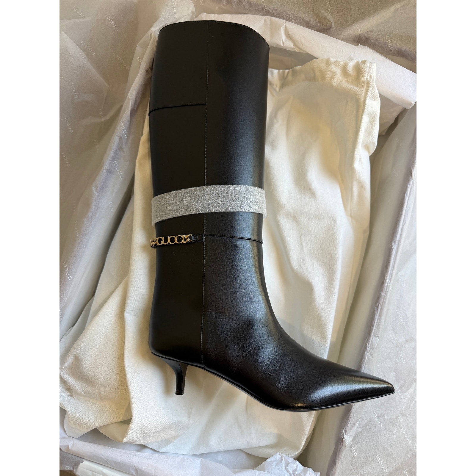 Gucci Signoria Leather Logo Chain Tall Boots 37.5 NWT