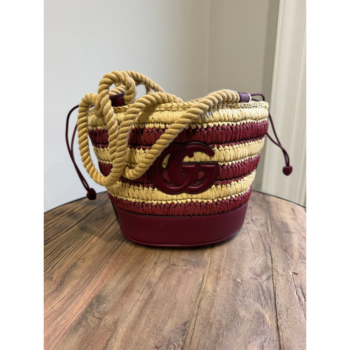 Gucci Mini GG Logo Woven Straw Bucket Bag Beige Brown Leather NWT
