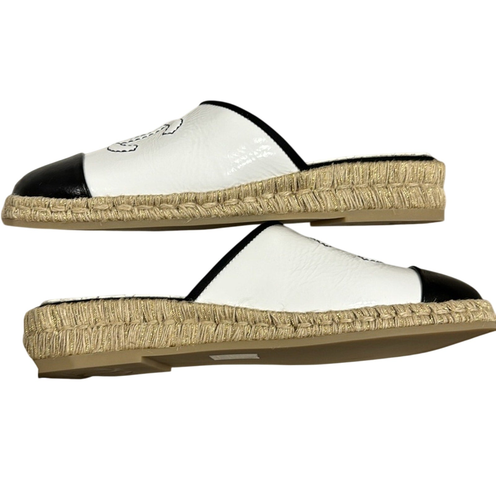 CHANEL Black Cap Toe Interlocking CC Logo White Espadrille Mules 37 BNIB