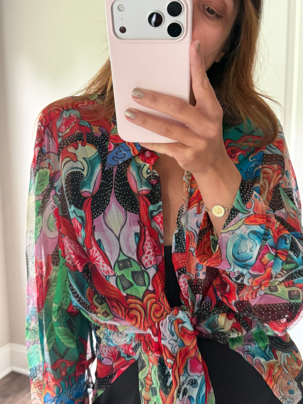 Escada Red Floral Print Button Up Blouse DE40 Long Sleeve Designer Top