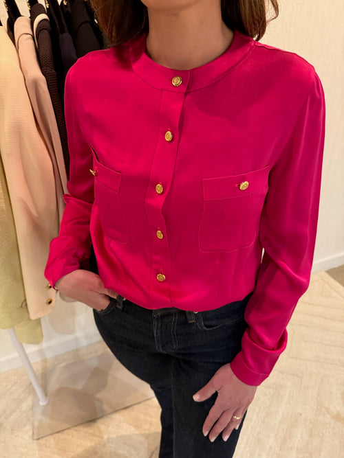 Chanel 1991 Pink Silk Button-Up Blouse Gold CC Logo Buttons FR36