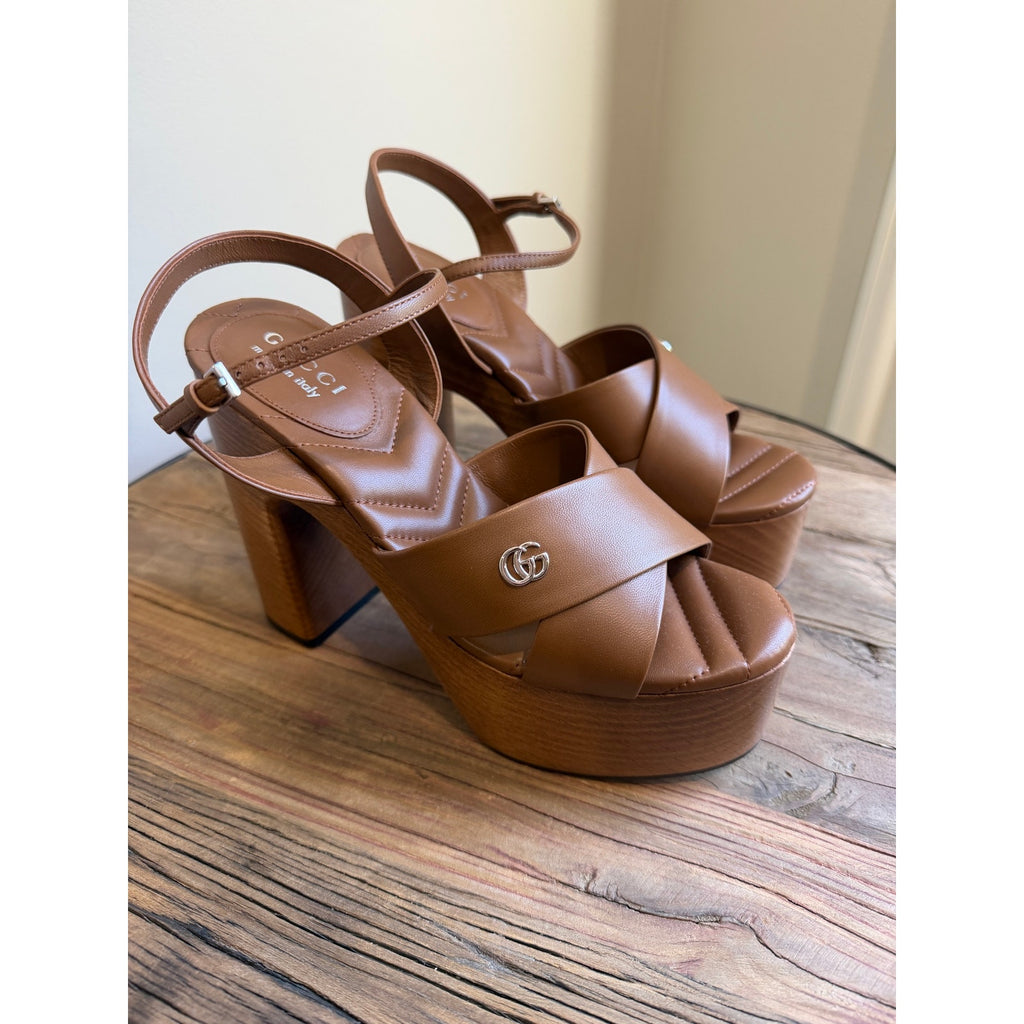 Gucci Platform Sandal Brown Leather Size 37 Brand New in Box