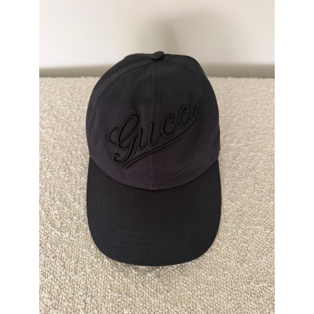 Gucci Black Logo Embroidered Cotton Baseball Cap Size XS Adjustable Strap NWT