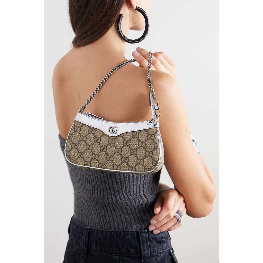 Gucci Ophidia Mini GG Canvas Shoulder Bag Beige Silver Leather Chain Strap BNIB